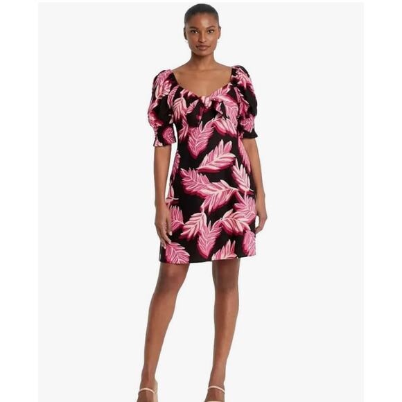 WHO WHAT WEAR Puff Sleeve Linen Blend Dress NEW Size XXL Pink Black Leaf Print - Picture 2 of 11